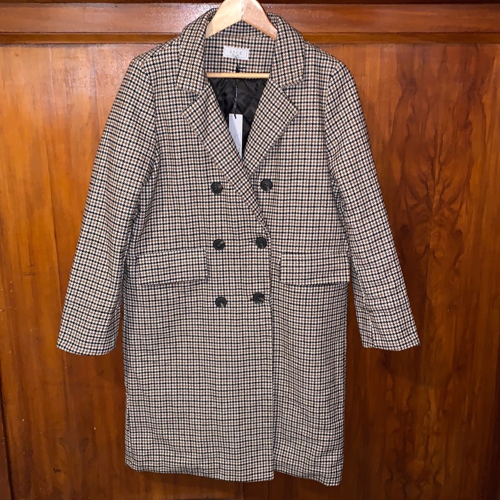 Sage The Label Long Houndstooth Coat Overcoat Trench M/L Brown Black